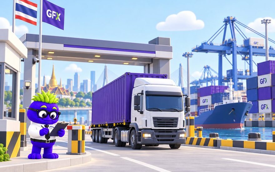 Illustration of Ed Hoc at a border checkpoint as a container truck passes through the gate